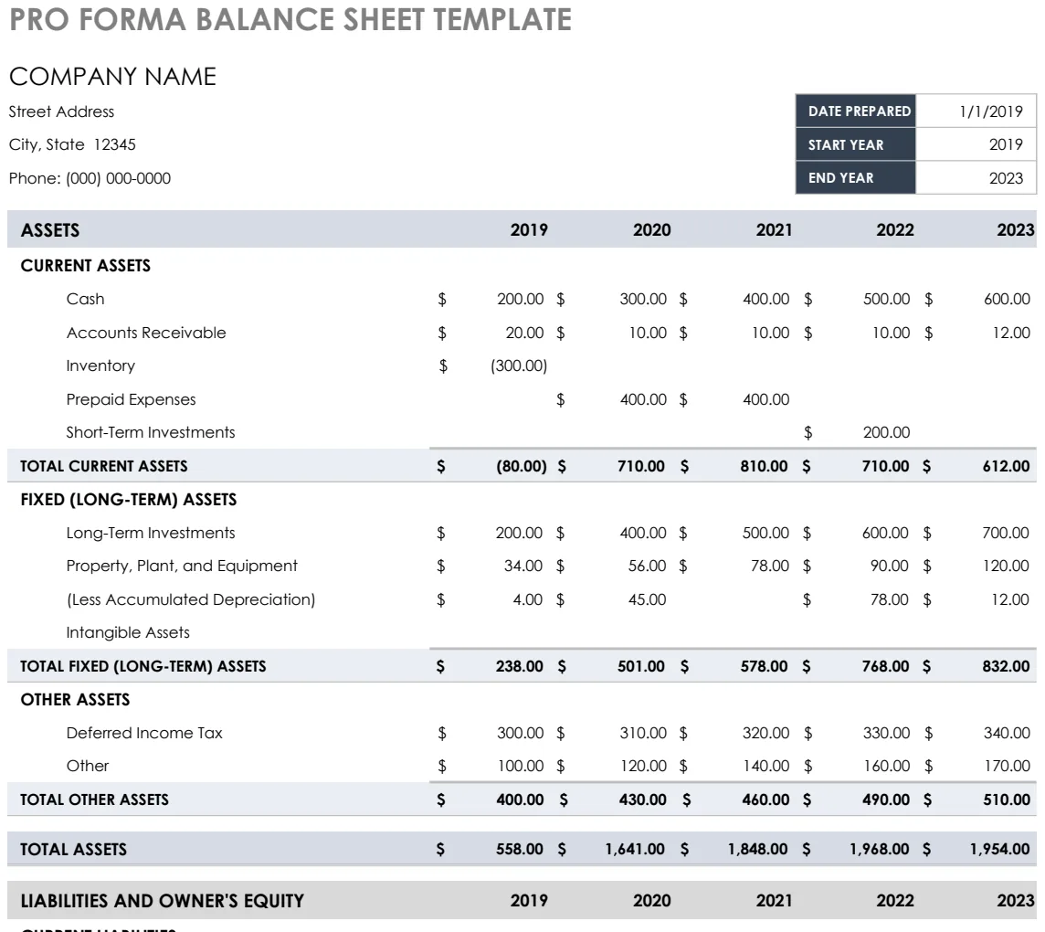 Pro Forma Balance Sheet Template preview