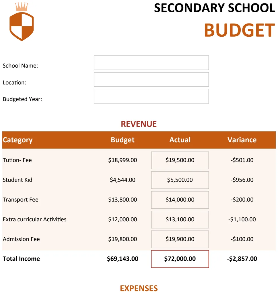Secondary School Budget Template A4 preview