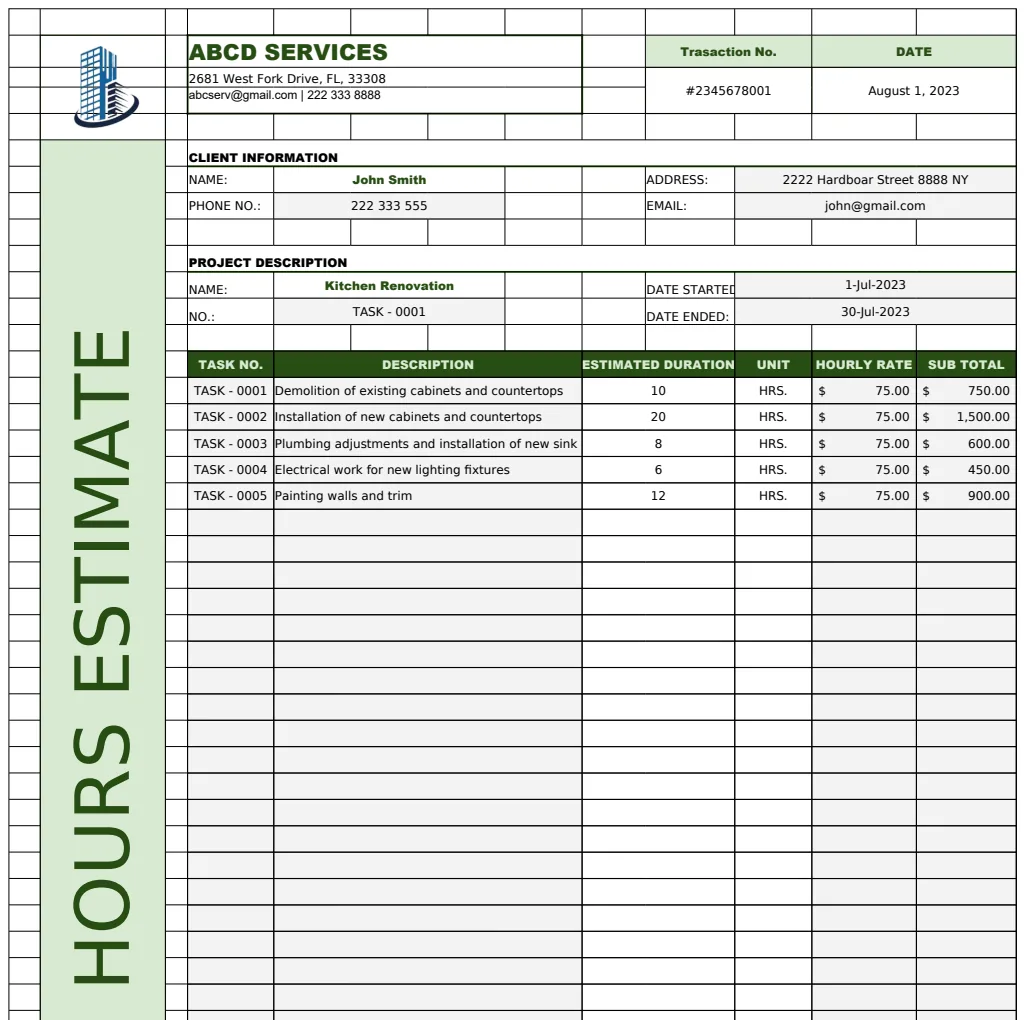 Hours Estimate Template preview
