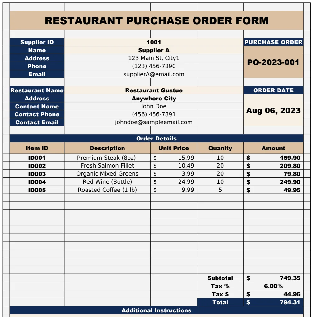 Restaurant Purchase Order Form Template preview