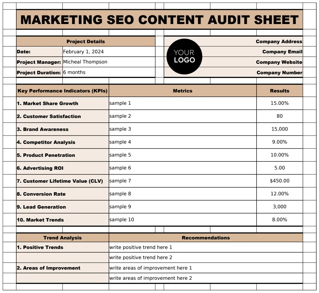 Marketing SEO Content Audit Sheet Template template preview