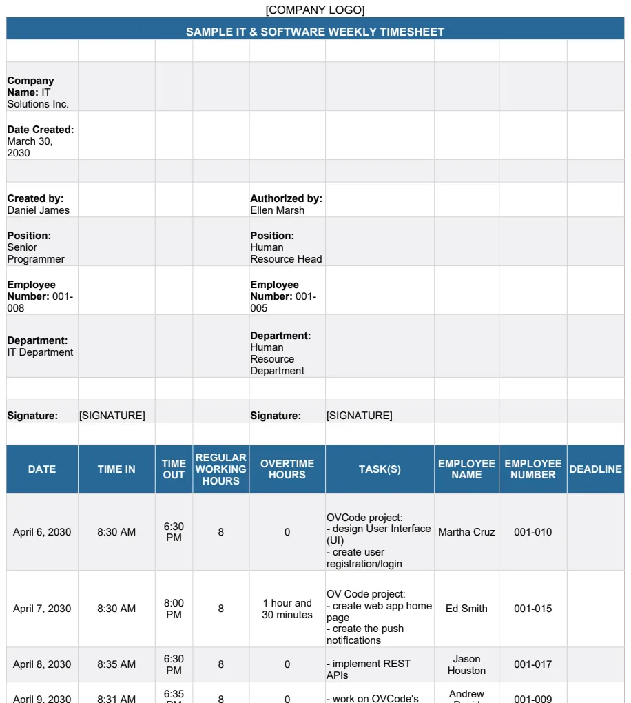 IT & Software Weekly Timesheet preview