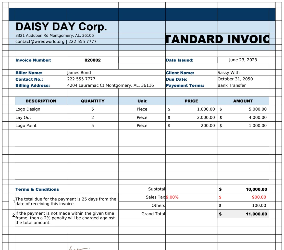 Standard Invoice Format preview