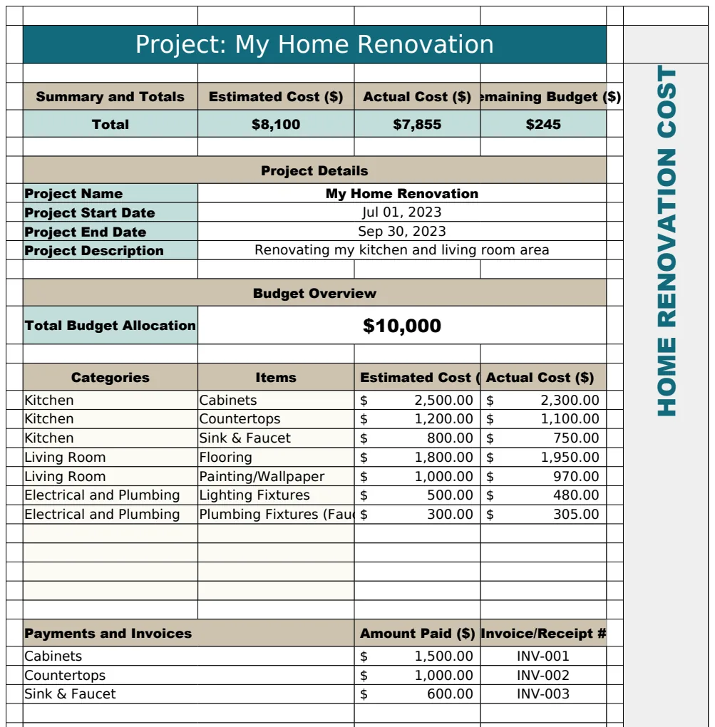 Home Renovation Cost Template preview
