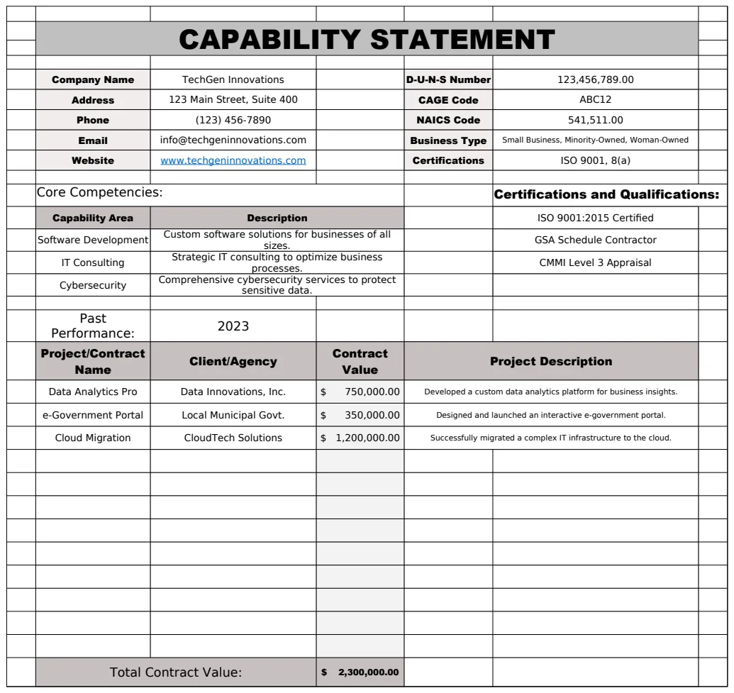 Capability Statement & Past Performance Tracker preview