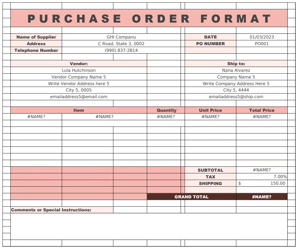Purchase Order Format and List preview