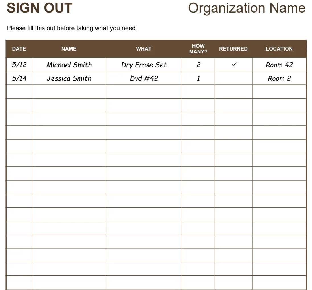 Sign Out Sheet preview