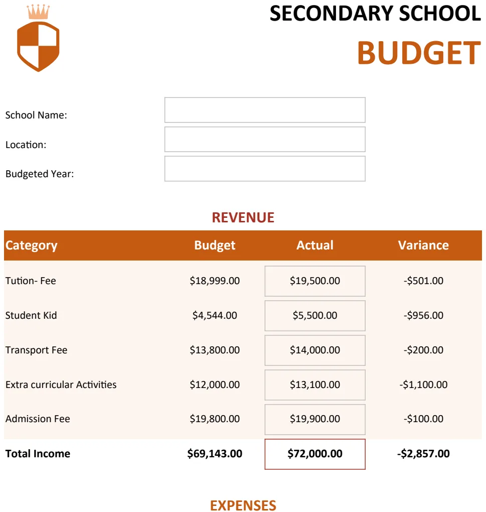 Secondary School Budget Template US preview