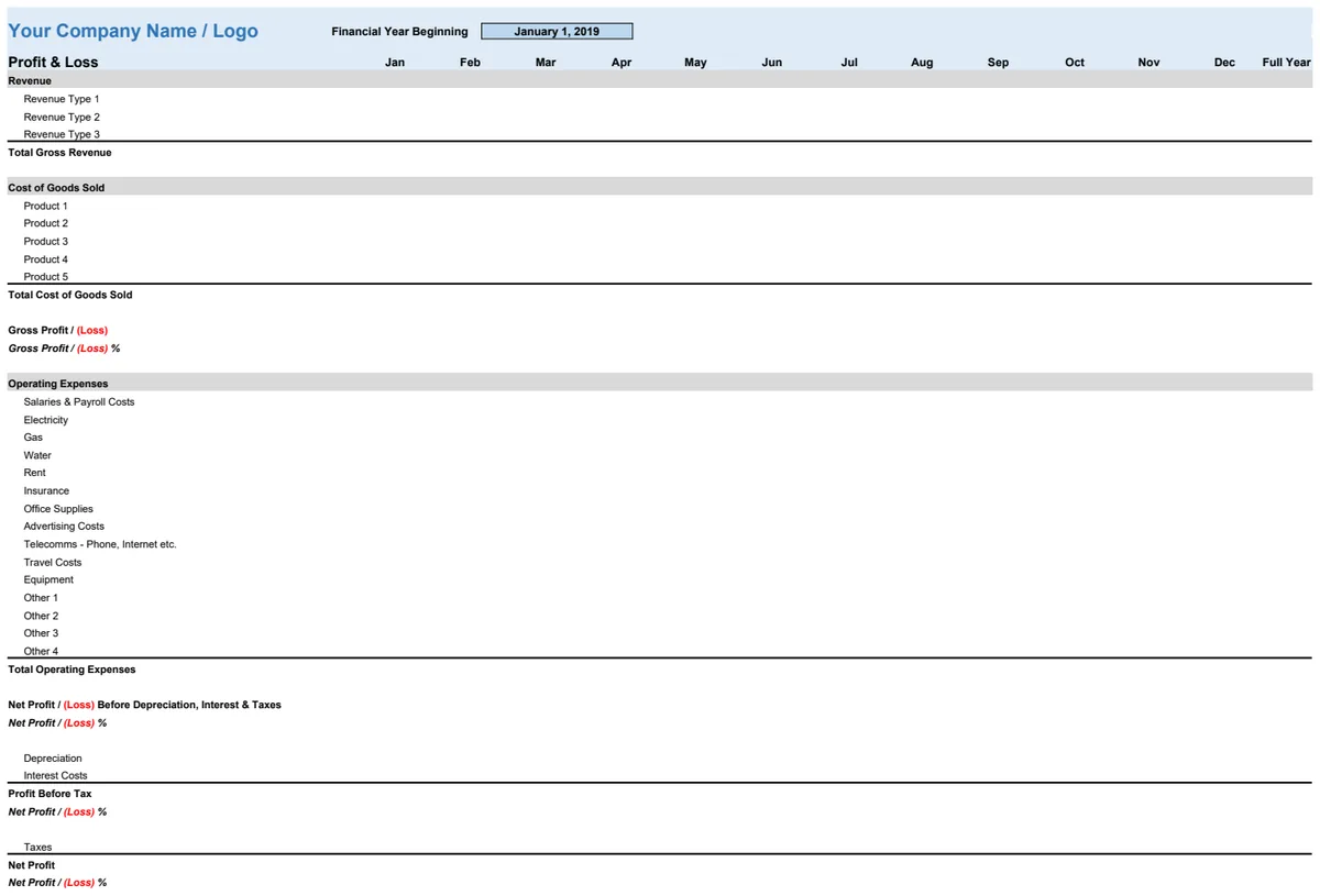 Monthly Profit and Loss Template preview