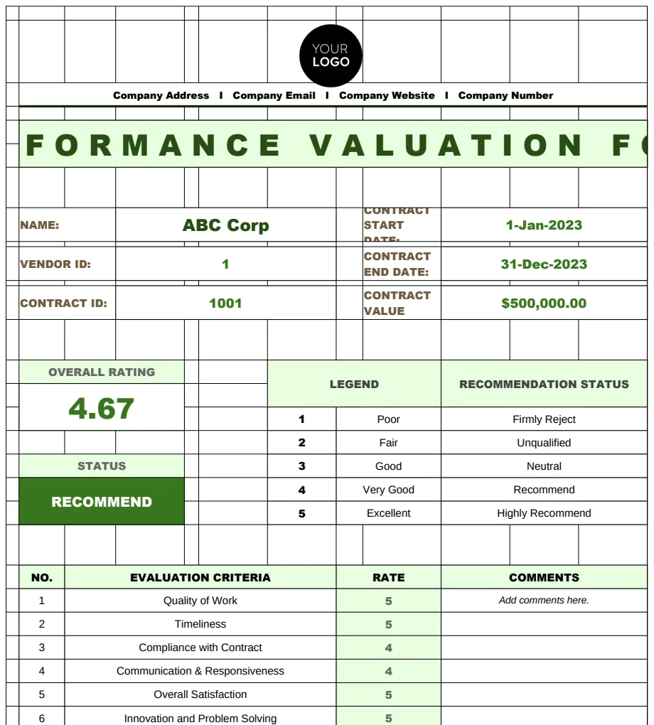 Legal Contract Vendor Performance Evaluation Template preview