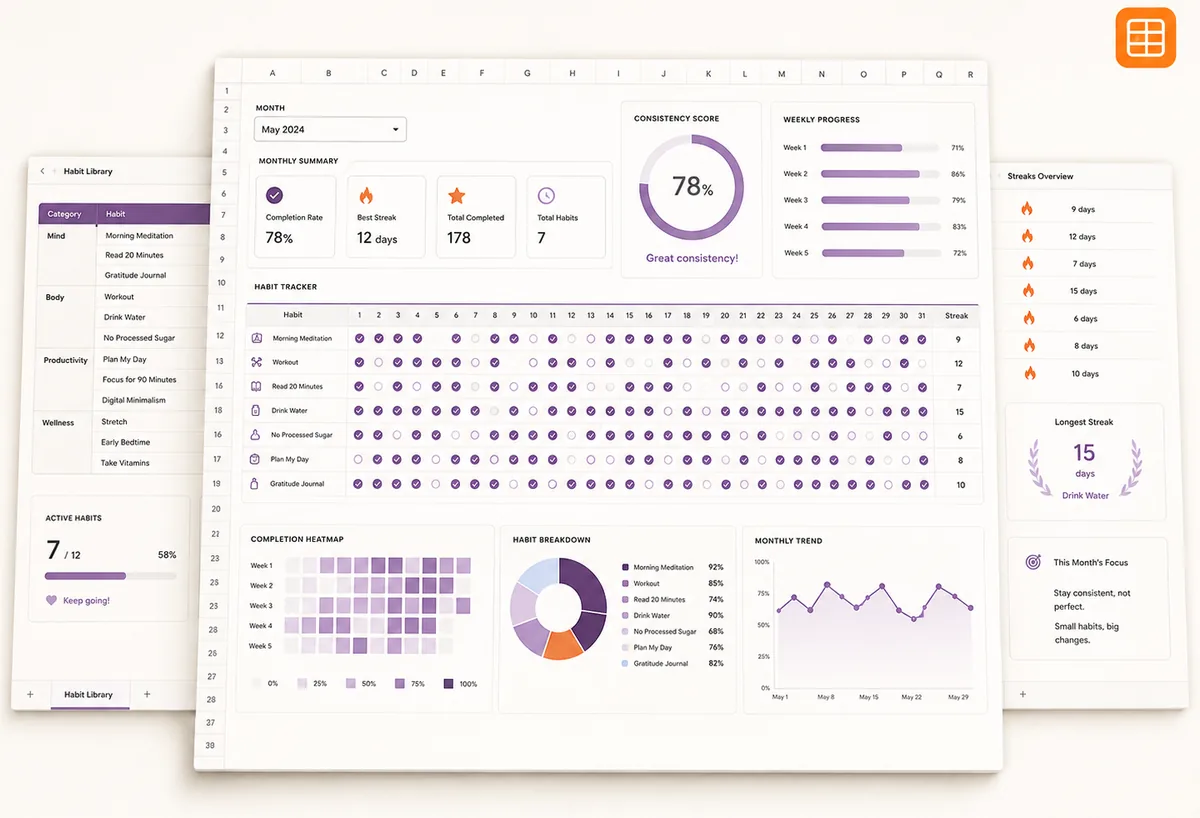 Habit Tracker Spreadsheet Purple Edition preview