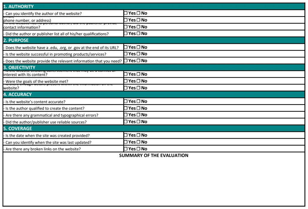 Web Site Evaluation Worksheet Template preview