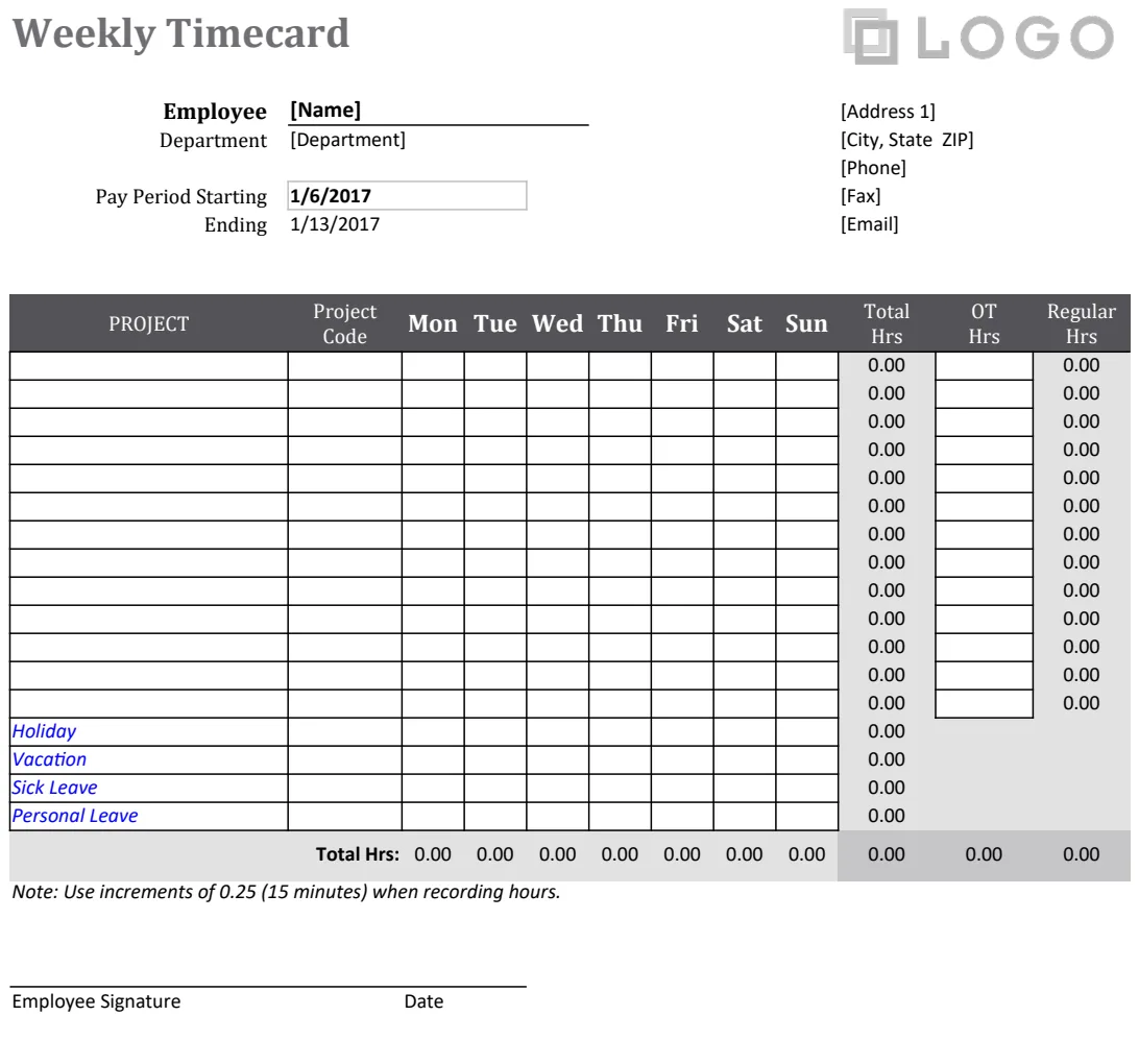 Weekly Timecard by Project preview