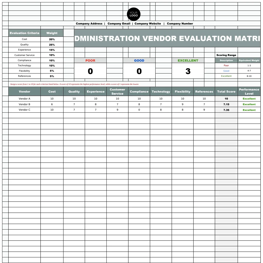 Administration Vendor Evaluation Matrix Template preview