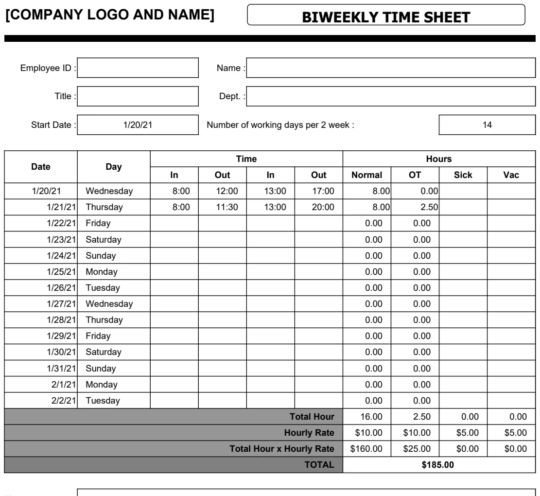 BiWeekly Time Sheet preview