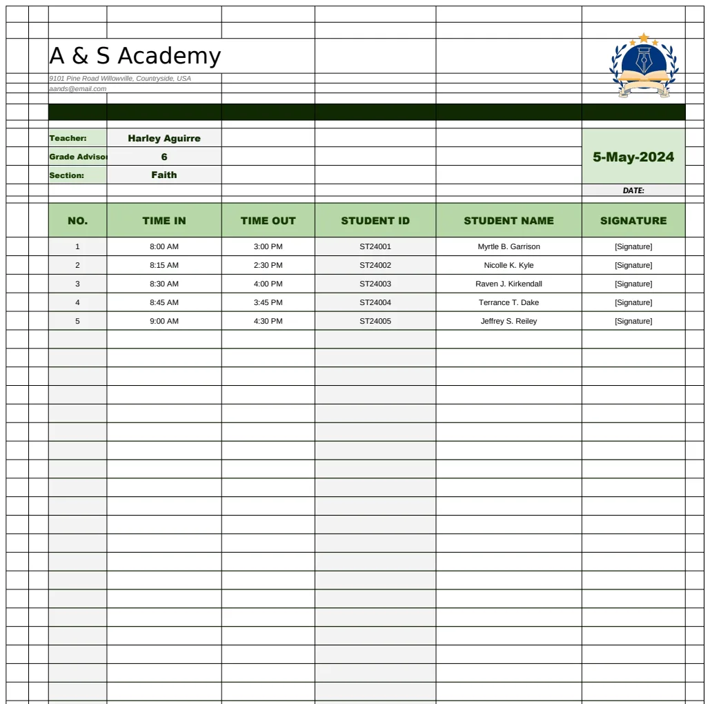 Classroom Sign In Sheet Template preview