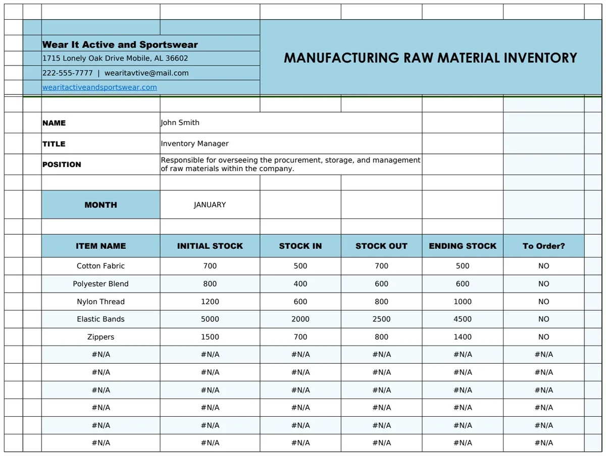 Manufacturing Raw Material Inventory Template preview