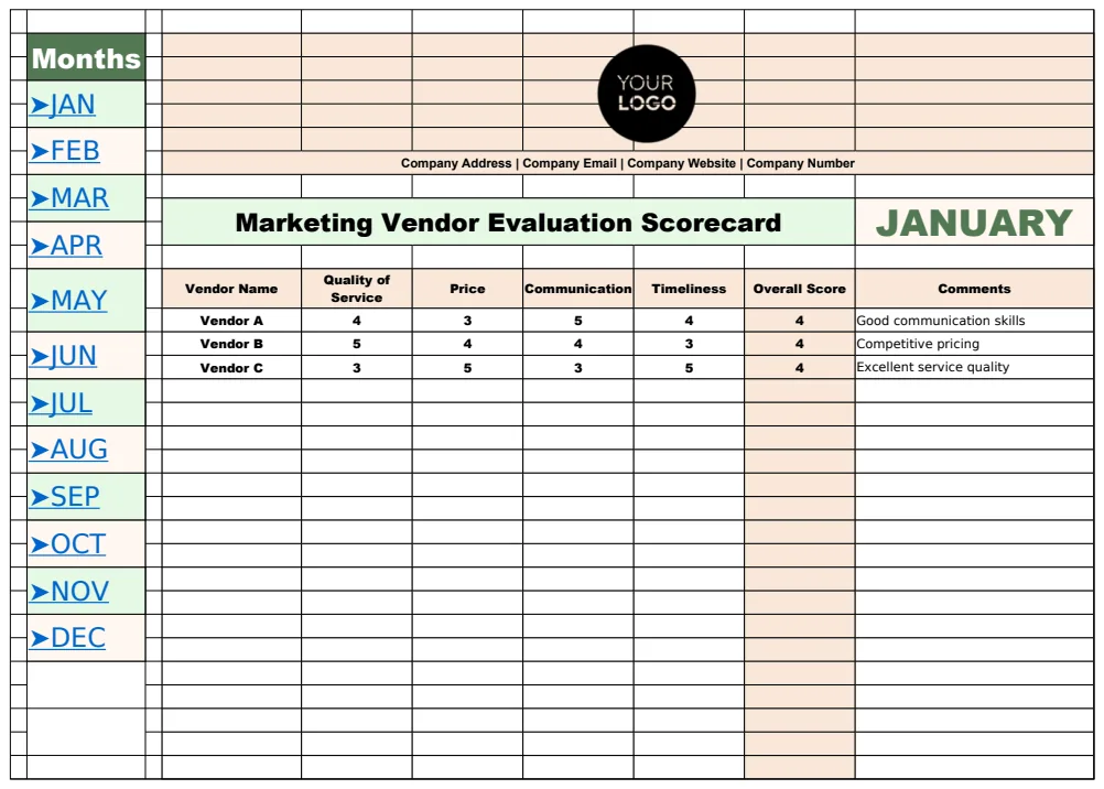 Marketing Vendor Evaluation Scorecard Template preview