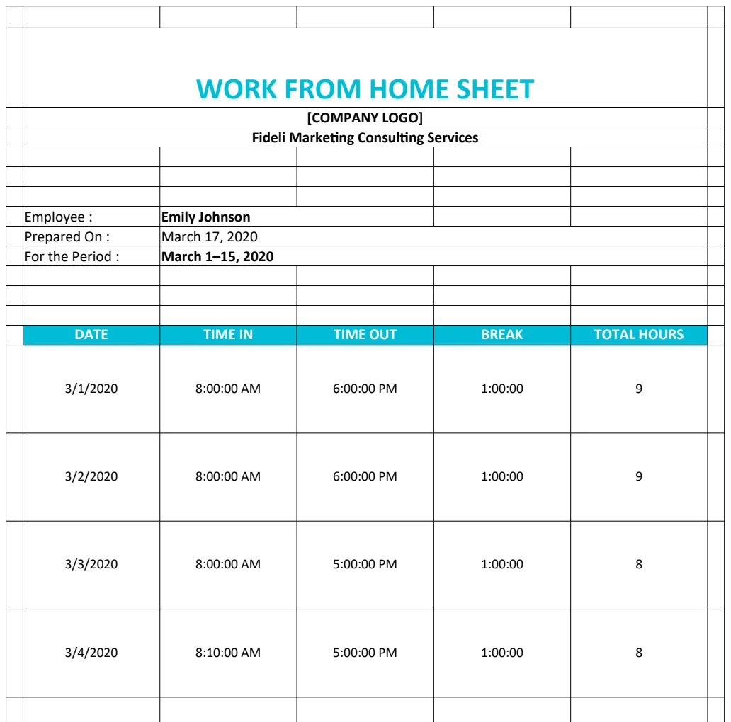 Work from Home Timesheet Template preview