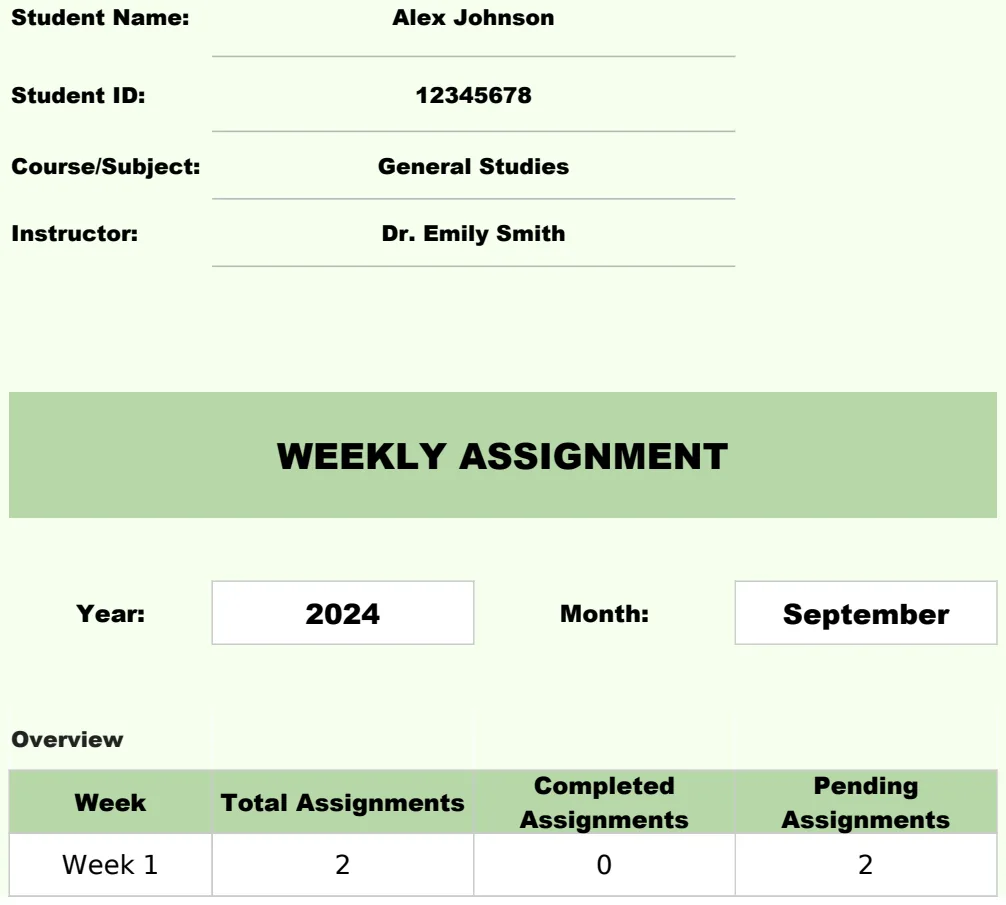 Weekly Assignment Excel Template preview