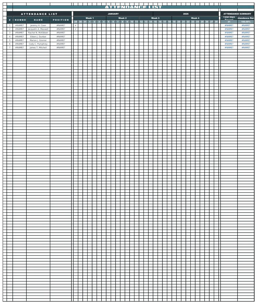 Attendance List Template preview