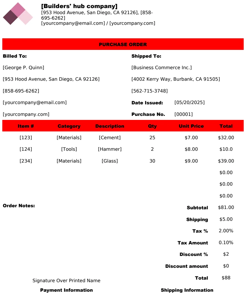 Editable Construction Purchase Order Template preview