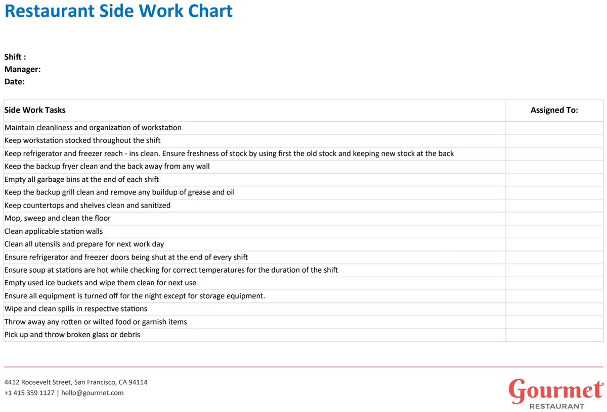 Restaurant Side Work Chart preview