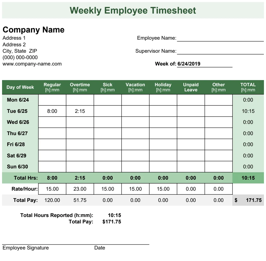 Weekly Employee Timesheet preview