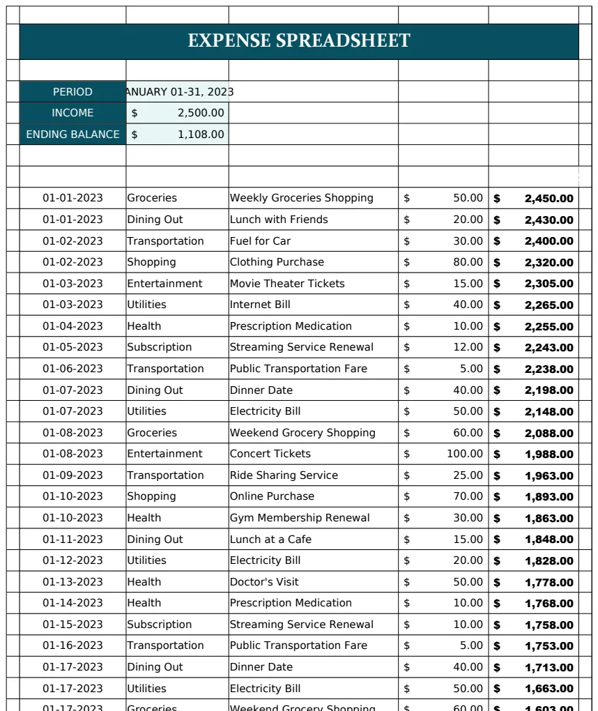 Expense Spreadsheet preview