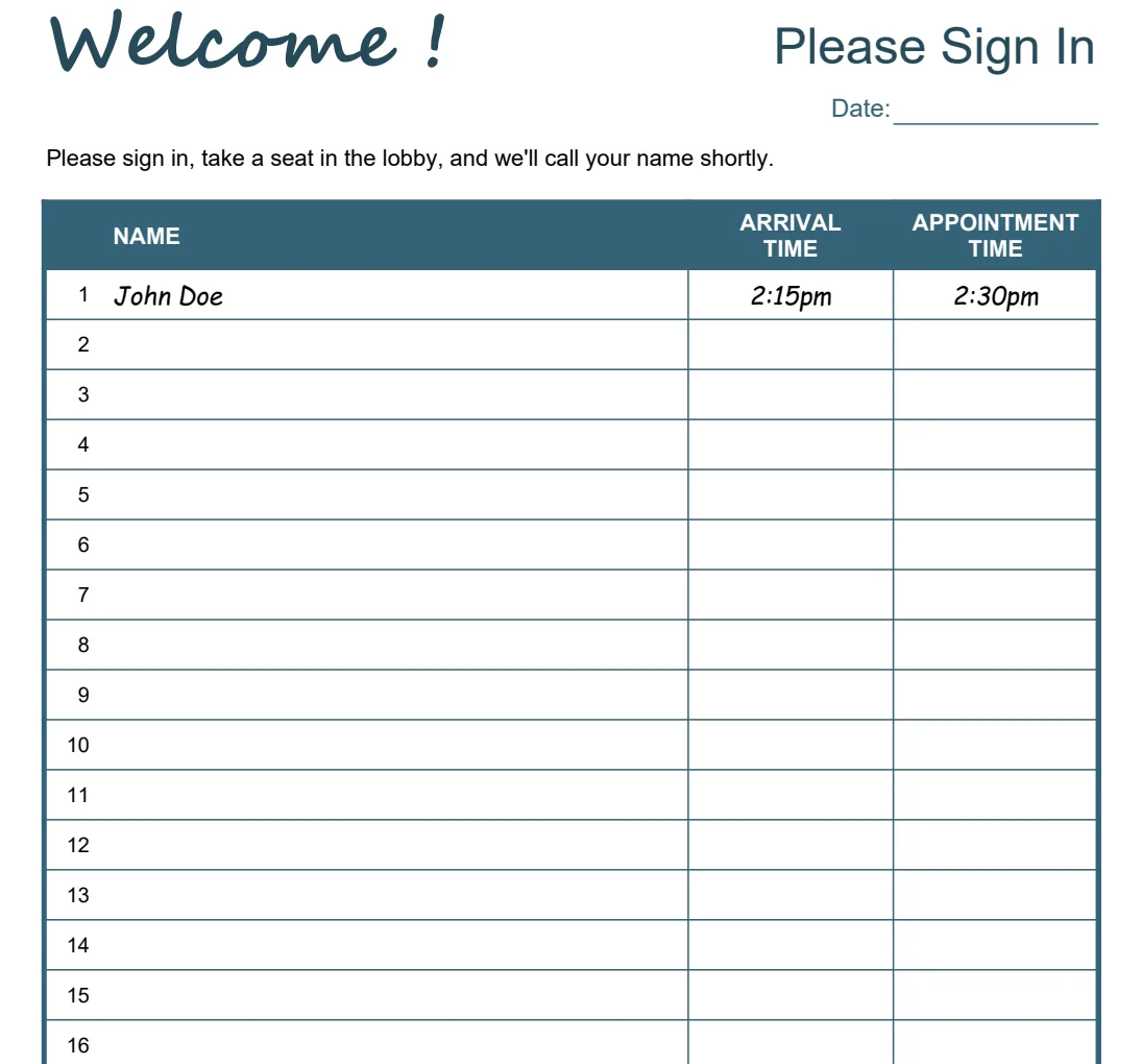 Appointment Sign In Sheet preview
