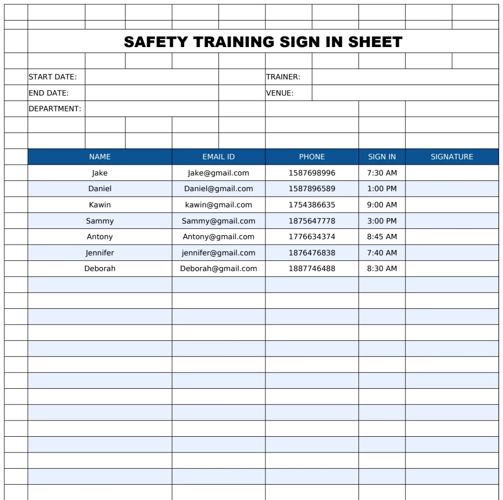 Safety Training Sign In Sheet Template preview