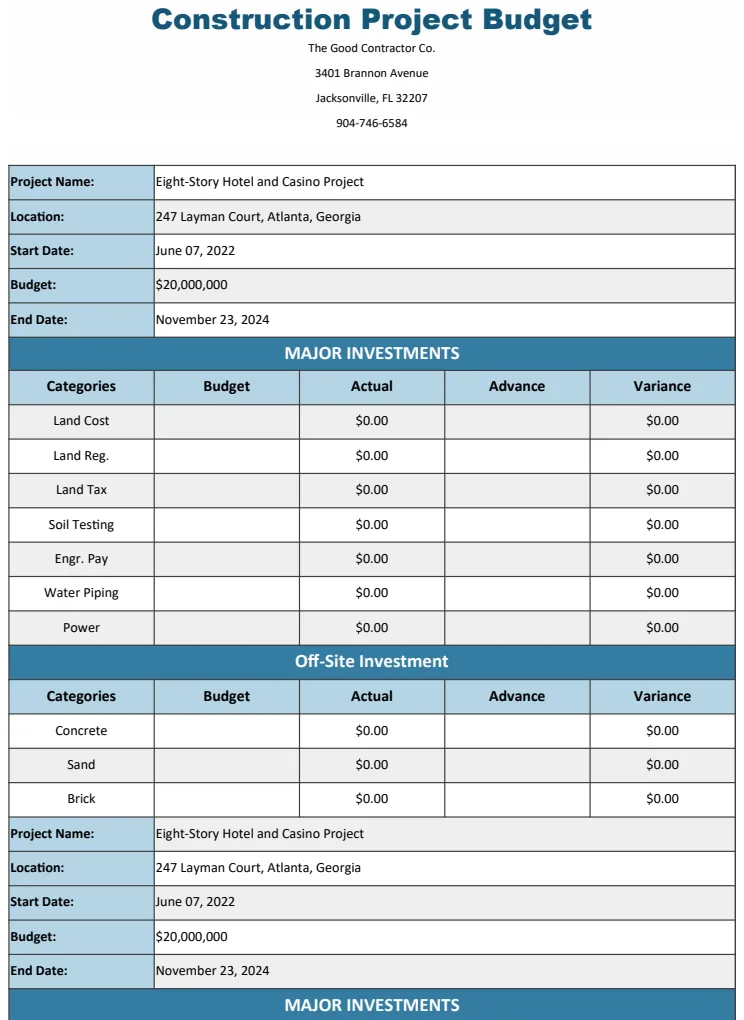 Construction Project Budget Template preview
