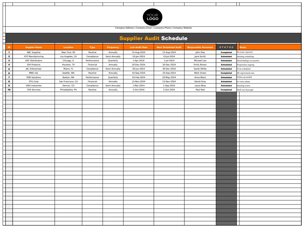 Administration Supplier Audit Schedule Template preview