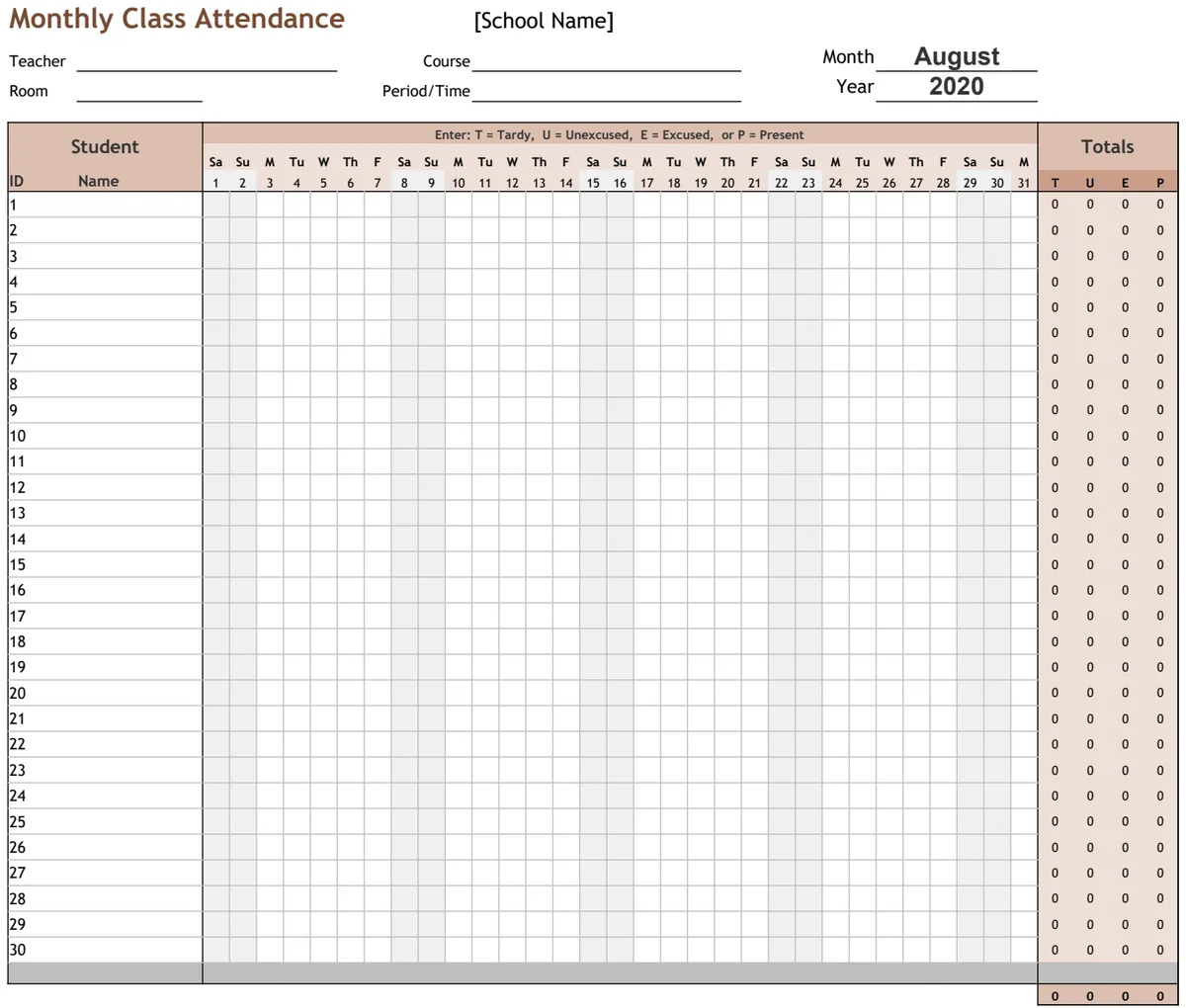 Monthly Class Attendance Tracker preview