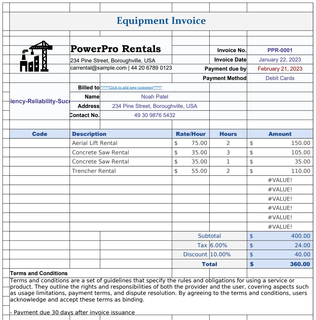 Equipment Invoice Template preview