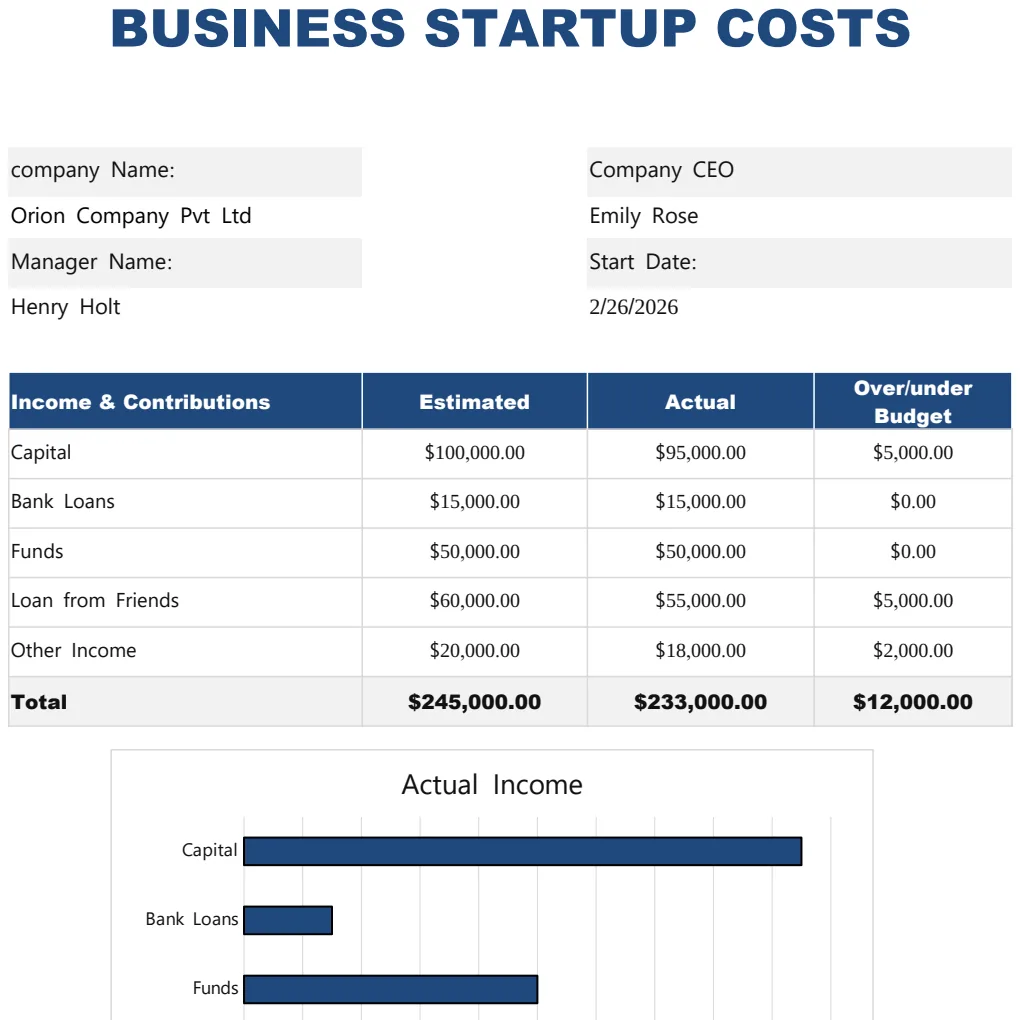 Simple Business Startup Costs Template preview