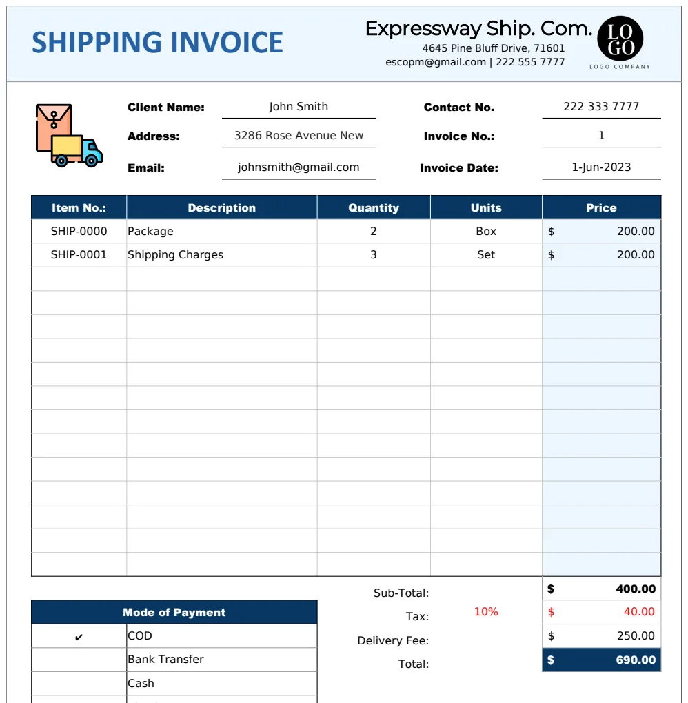 Shipping Invoice Template preview