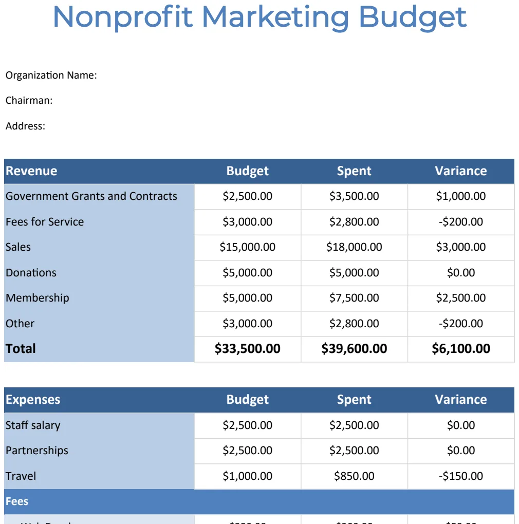 Nonprofit Marketing Budget Template preview