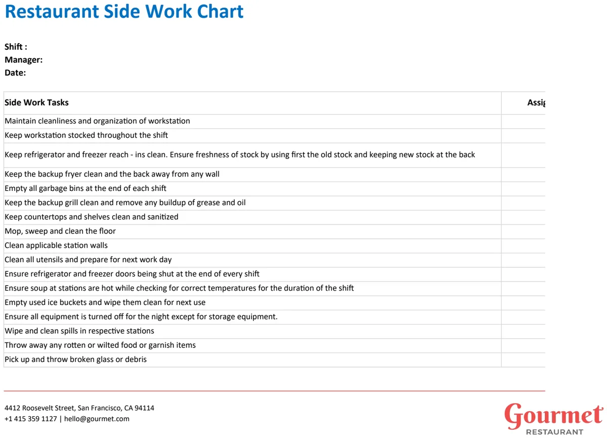 Restaurant Side Work Chart preview
