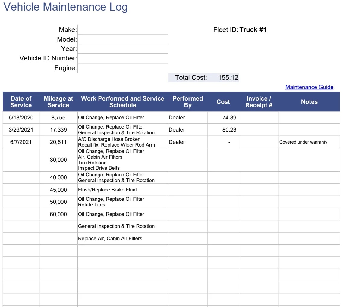 Vehicle Maintenance Log preview