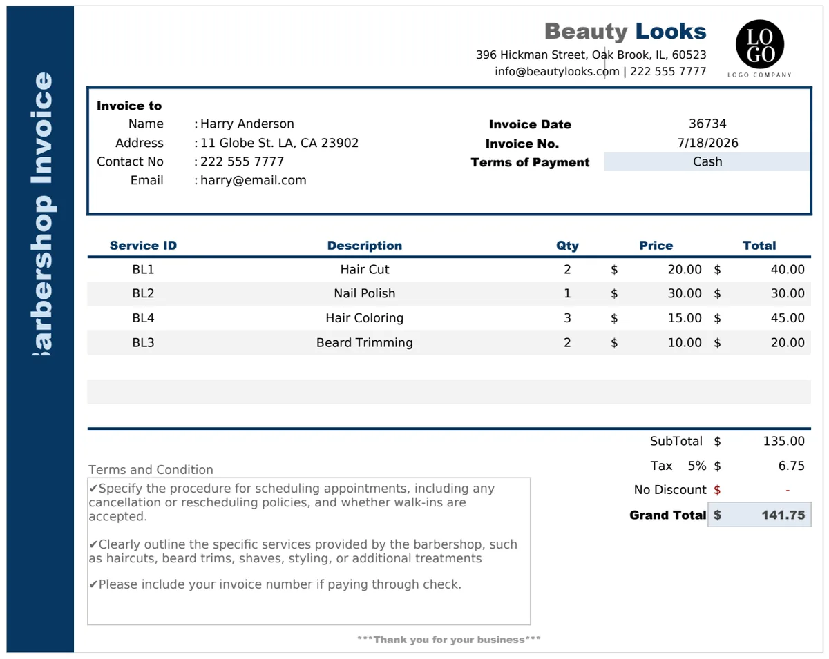 Barbershop Invoice Template preview