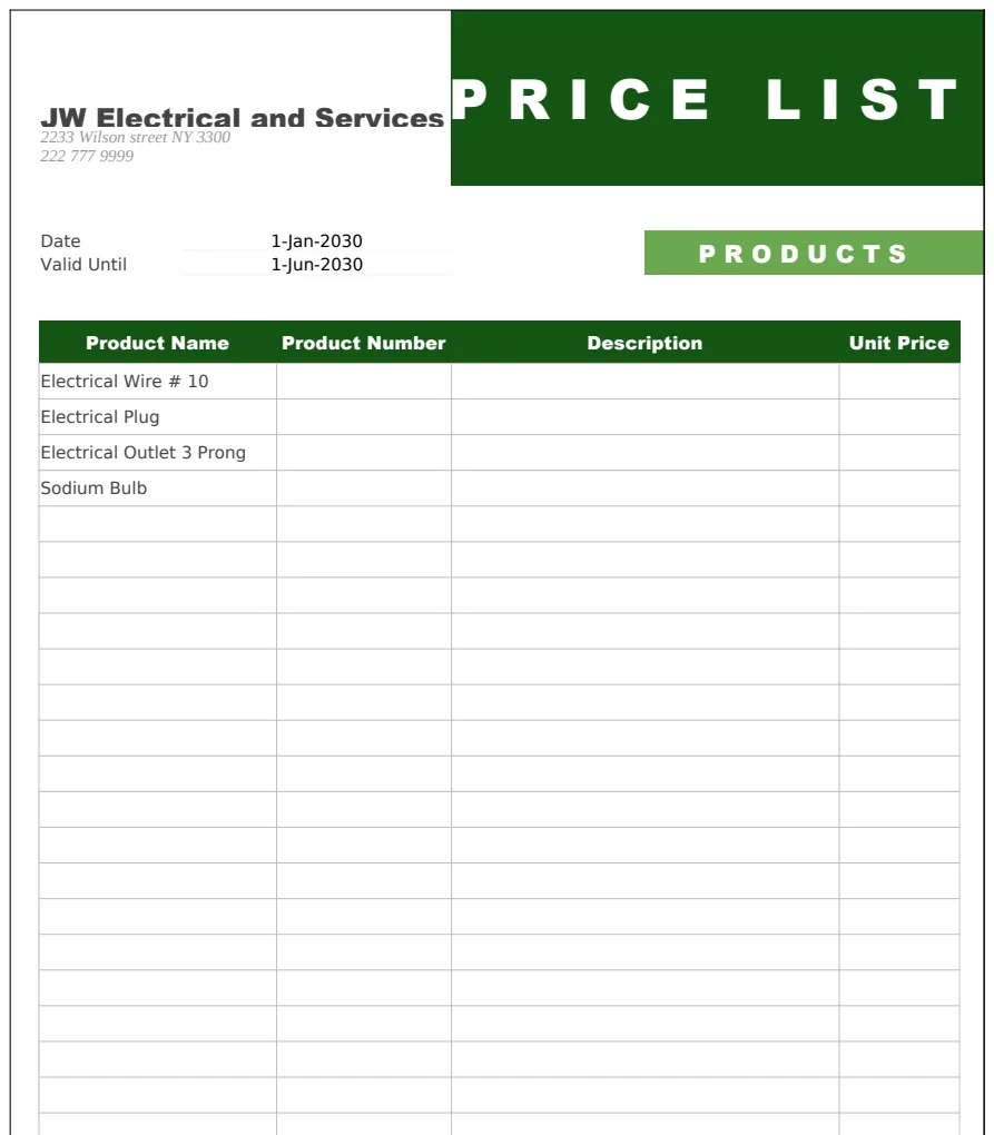 Price List Template preview
