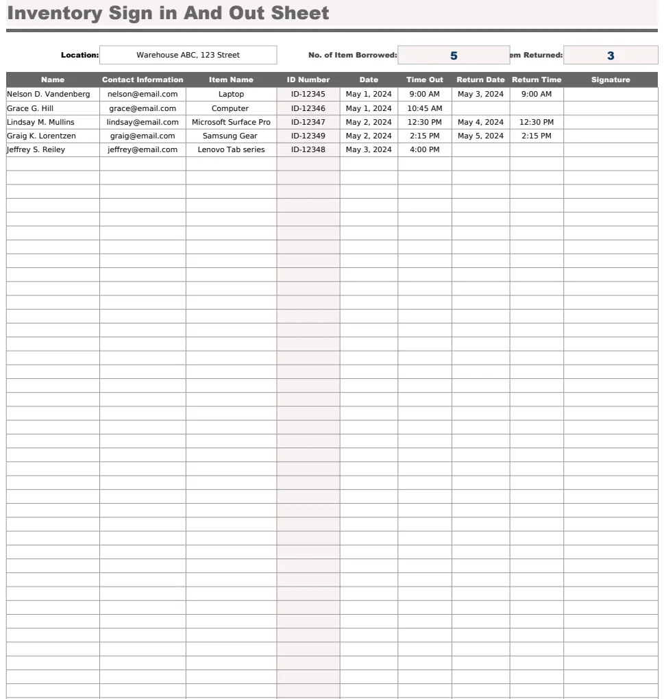 Inventory Sign In and Out Sheet Template preview