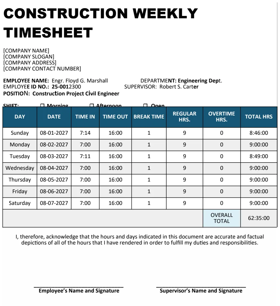 Construction Weekly Timesheet Template preview