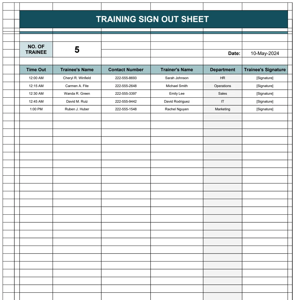 Training Sign Out Sheet Template preview
