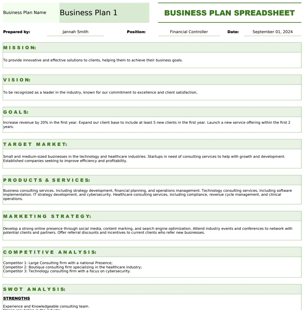Business Plan Spreadsheet preview