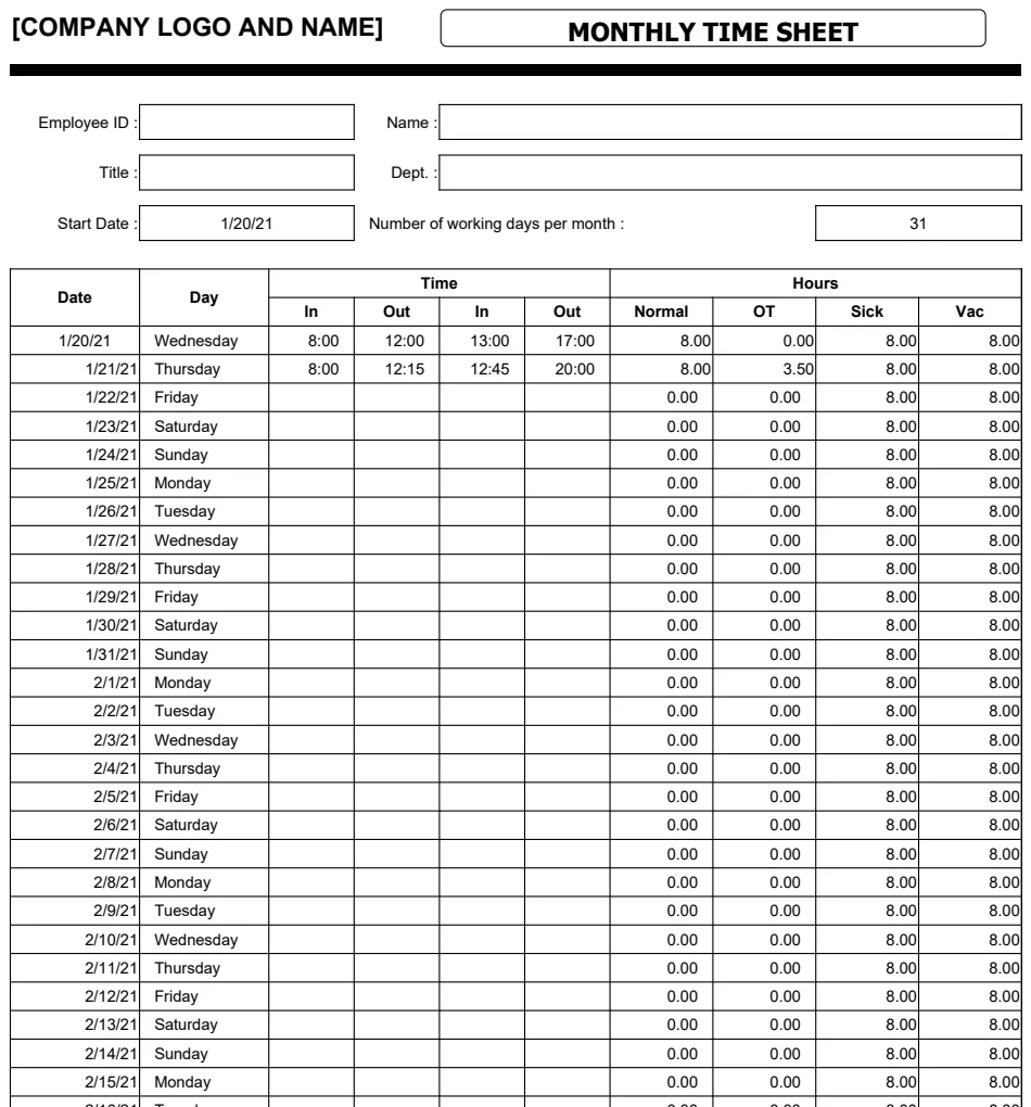 Monthly Time Sheet with Weekly Tracking preview