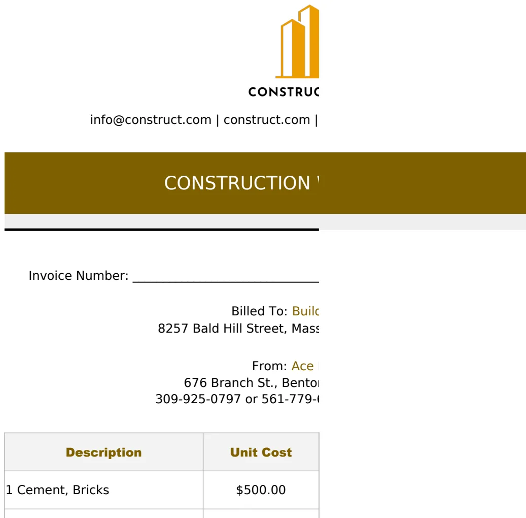 Construction Work Invoice Template preview