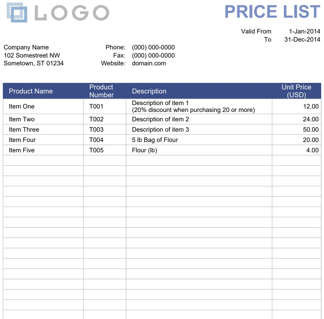 Price List (Printable) preview