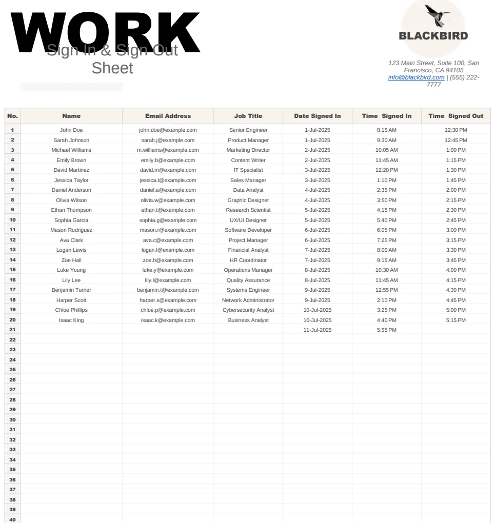 Work Sign In and Out Sheet Template preview